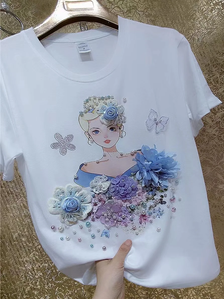 Luxury Beaded Flowers Stitch Cotton Tshirt 2024 Summer Women\'s Short-sleeved T-shirt White Loose Tops Tees Vintage T Shirts