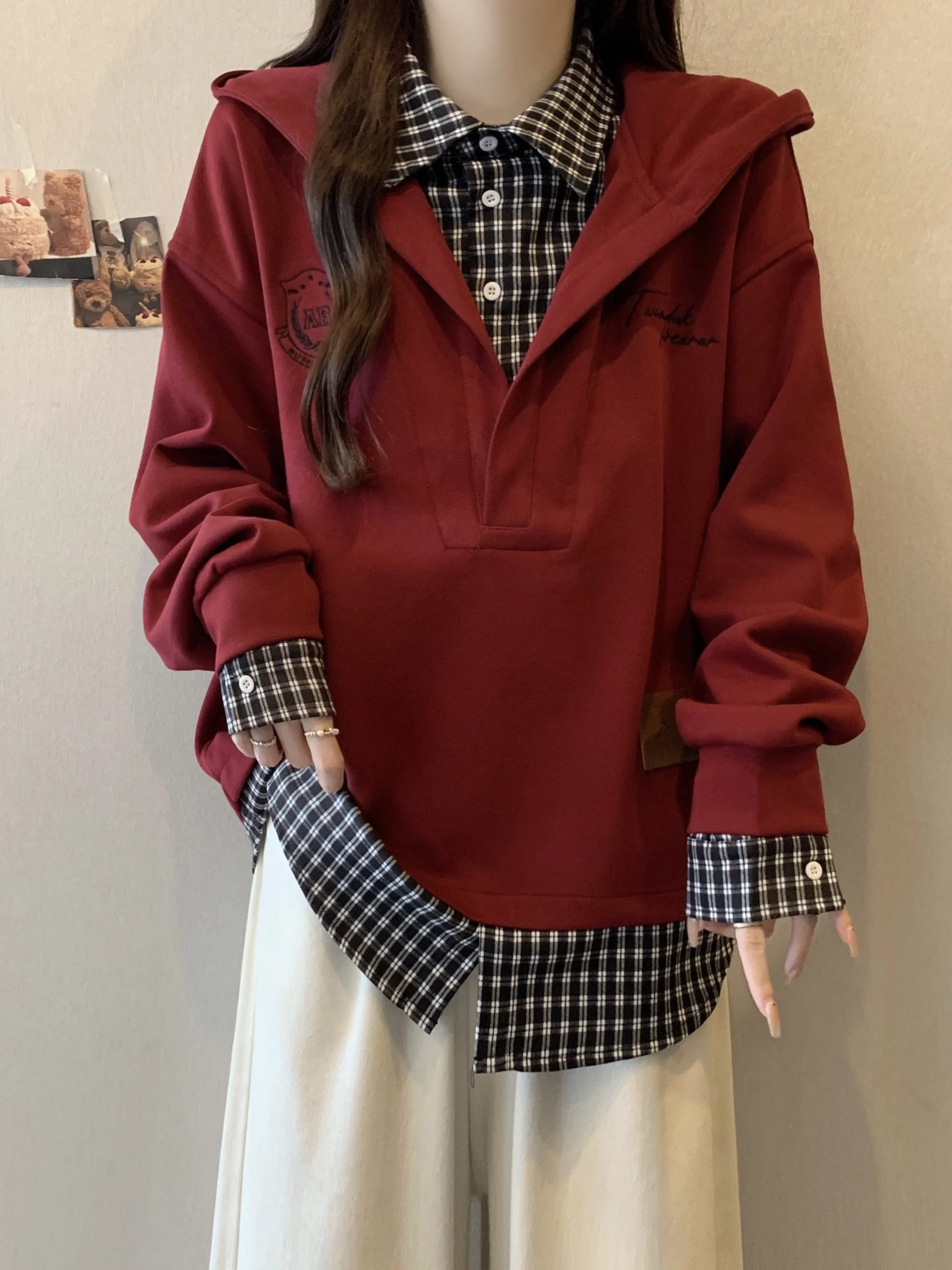 

plus Size American Sle Heavyweight Plaid Splice Red Hoodie Women's Autumn Winter Loose Fit Hooded Jaet Top