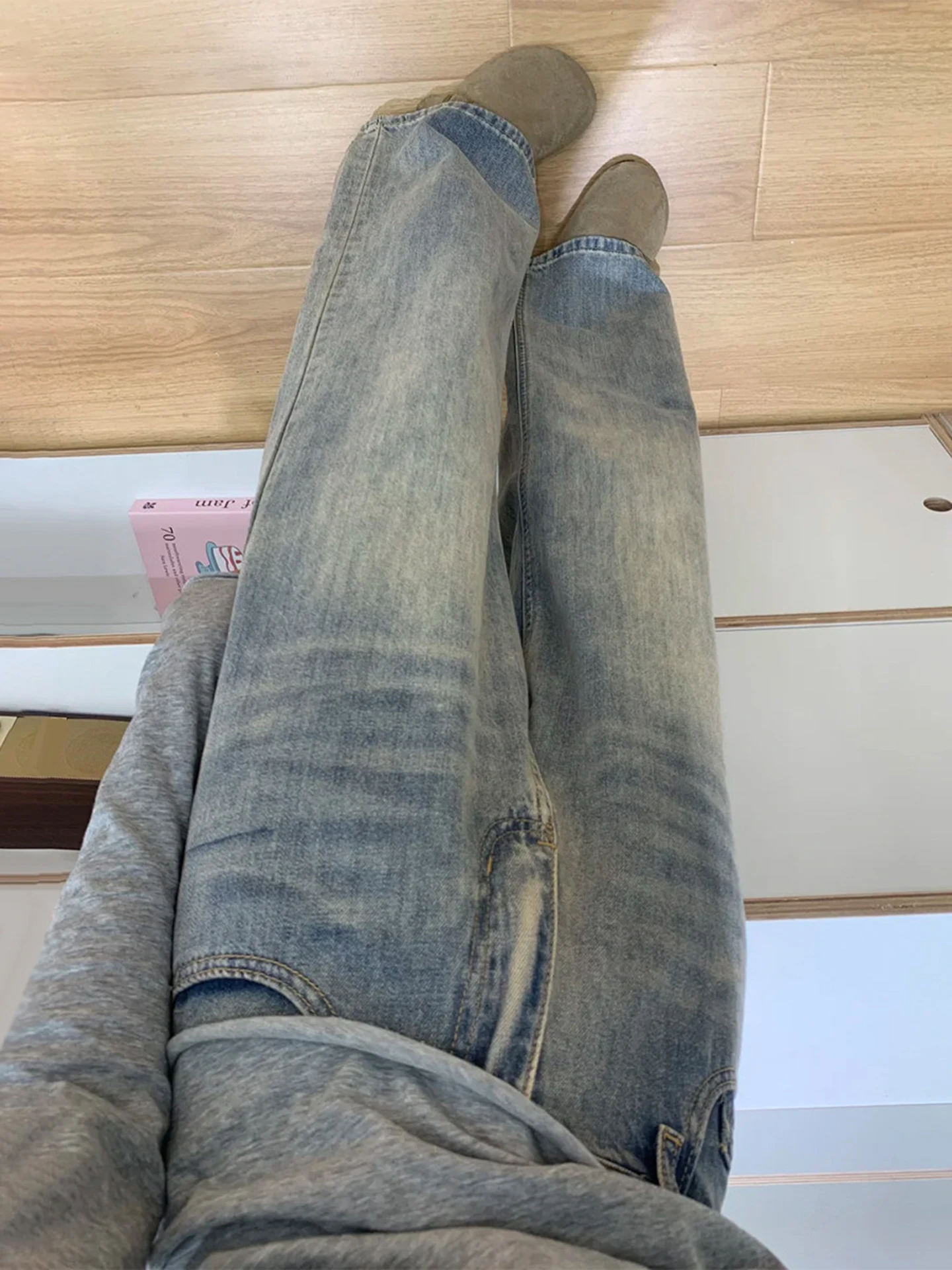 

Retro Blue Bamboo Node Pattern Slim Fit Men's Jeans Spring Cleanfit Wide Leg Pants Dra Straight Floor-Length Trousers