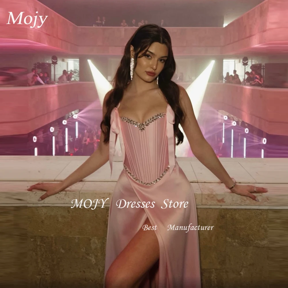 

Mojy 2025 Luxurious Women's Evening Dresses Sheath Satin Fabric Celebrity Dress Pink Sweetheart Crystals Split Pleat Prom Dress