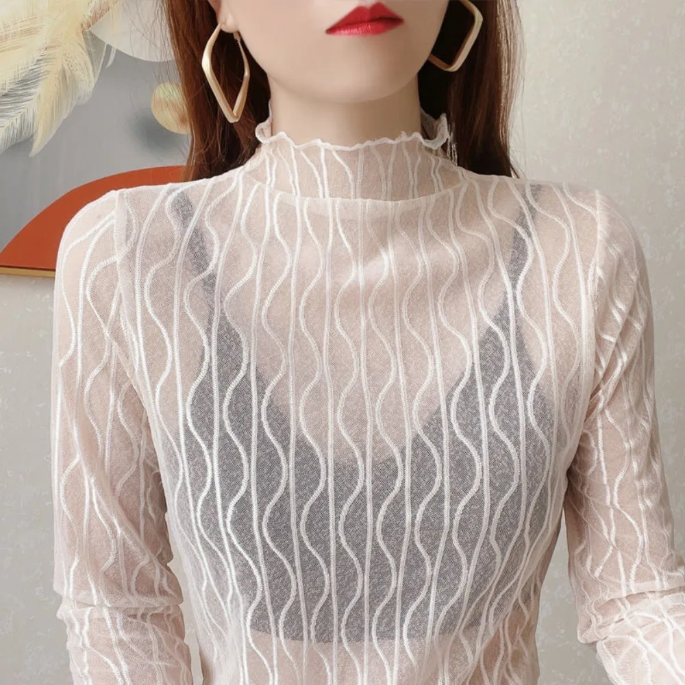 Ruffle Mesh Lace Top Casual High Collar Wave Transparent Long Sleeved Top Sunscreen Clothing Korean Style Streetwear