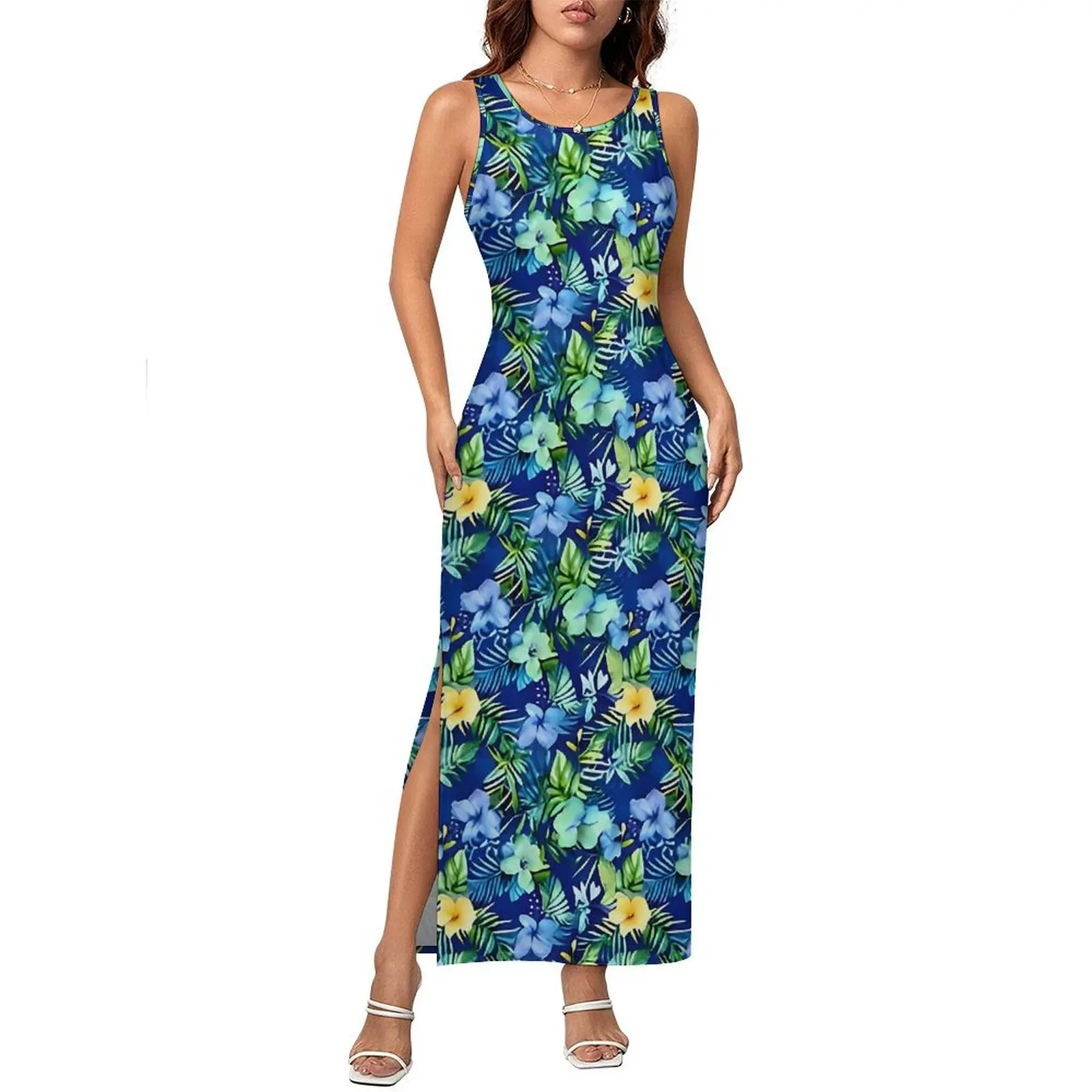 Frauen Tropische Blume Kleid Vintage Floral Street Wear, Figurbetontes Kleid Sommer Ärmellose Maxi Kleider Grafik Übergroßen Vestidos