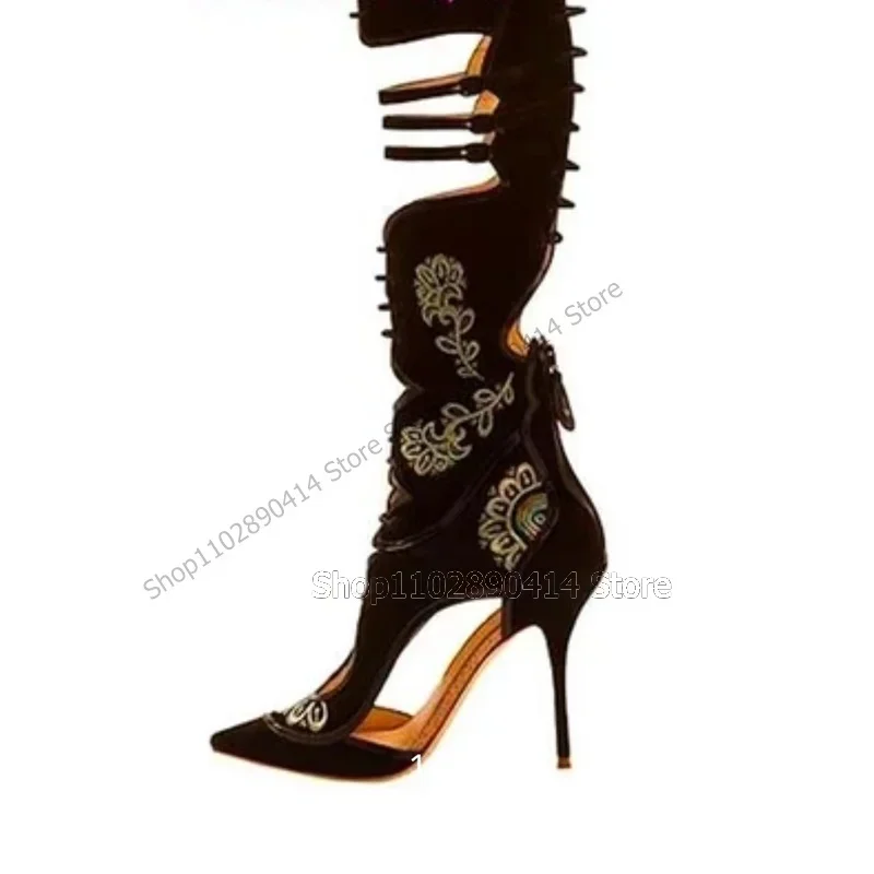 Mixed Color Hollow Design Leopard Print Boots Over The Knee Women Shoes Thin High Heel Pointy Toe Feast 2026 Zapatos Para Mujere