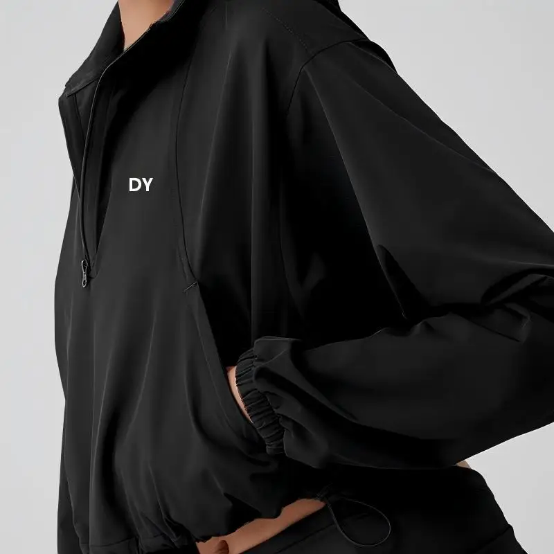 New half-zip winter and autumn women's casual running outfit with high neck and sports jacket with drawstring and fitness wear