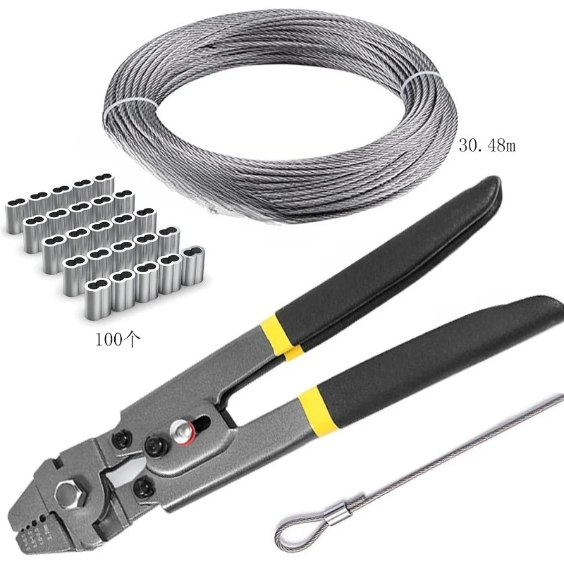 Complete Wire Rope Crimping & Cutting Tool Kit Crimper Pliers With Cable, Aluminum Ferrules & Loop Sleeves