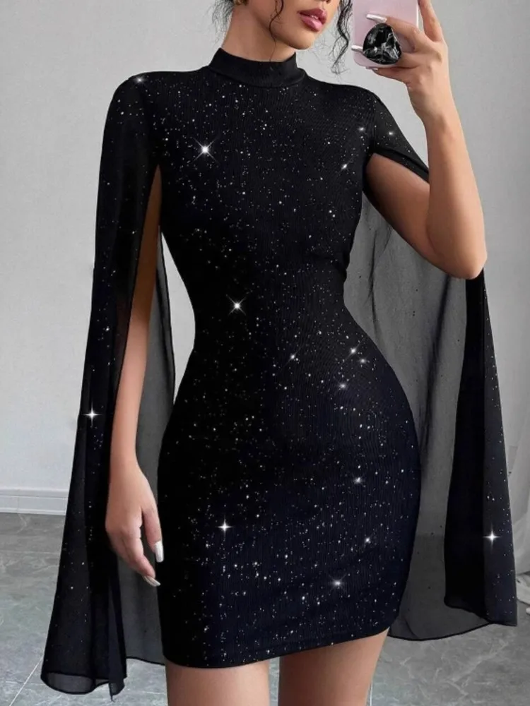 

Fall/Winter New Fashion Party Tight Sexy Women's Dress Round Neck Solid Color Sequin Cape Mesh Women's Mini Skirt With Hip Wrap