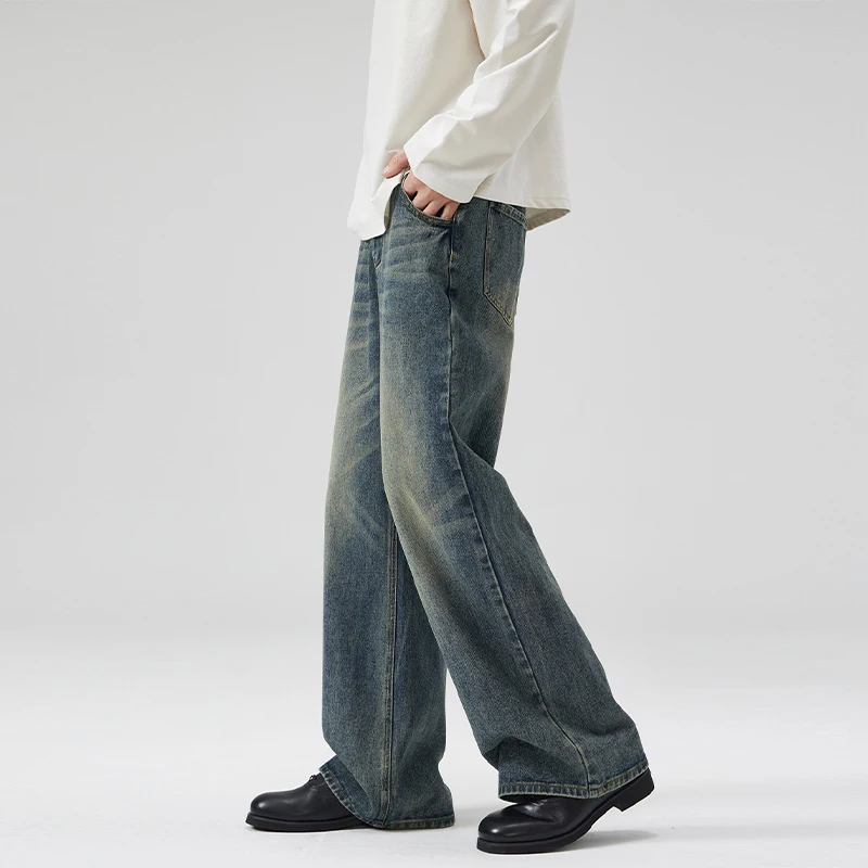 الخريف Harajuku الرجال الجينز مستقيم موضة شخصية غسل خمر بنطلون الشارع الشهير ضئيلة الذكور واسعة الساق الدنيم السراويل