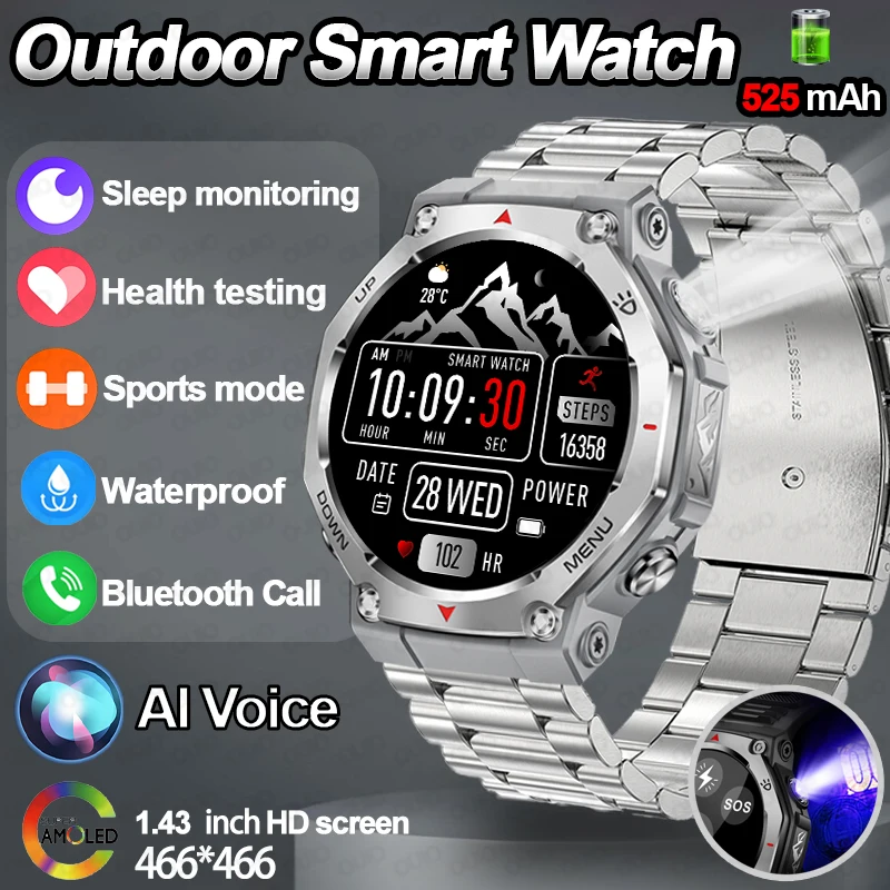

New Smart Watch Outdoor LED/UV Lights 525mAh Battery 100+Sports Mode Heart Rate 3ATM Waterproof Bluetooth Call Men Smart Watch