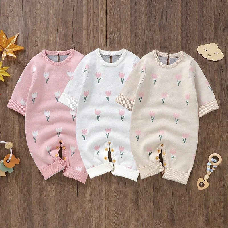 Autumn Baby Romper Knitted Infant Boys Clothes Overalls 0-18M Fashion Cute Tulips Newborn Girls Jumpsuit Outfit Long Sleeve Warm