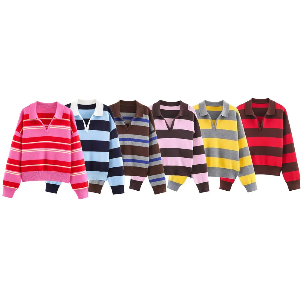 Color Block Striped Knit Polo Shirt Long Sleeve Loose Fit Pullover Comfort Casual Autumn Winter