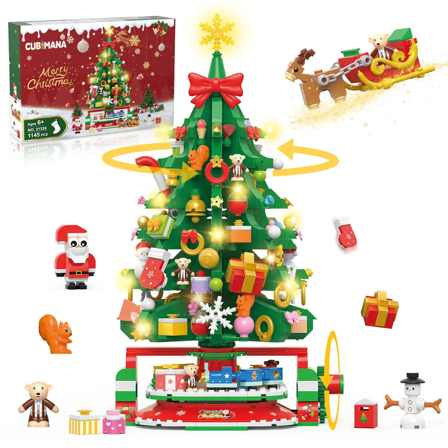 Rotating Christmas Tree Mini Building Set with LED-with Santa Snowman Rotatable Train XmasTree HomeDecor 2024 for Adults Kids10+