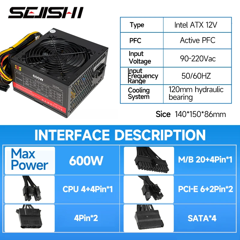 Imagem -06 - Sejishi-pc Psu Unidade de Alimentação para Jogos Preto Silencioso 120 mm Ventilador 24pin 12v Atx Desktop Computador 600w Btc