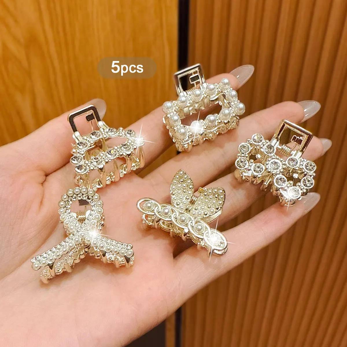 5 Premium Metallic Rhinestone Korean Style Elegance Hair Clips with Exquisite Design
