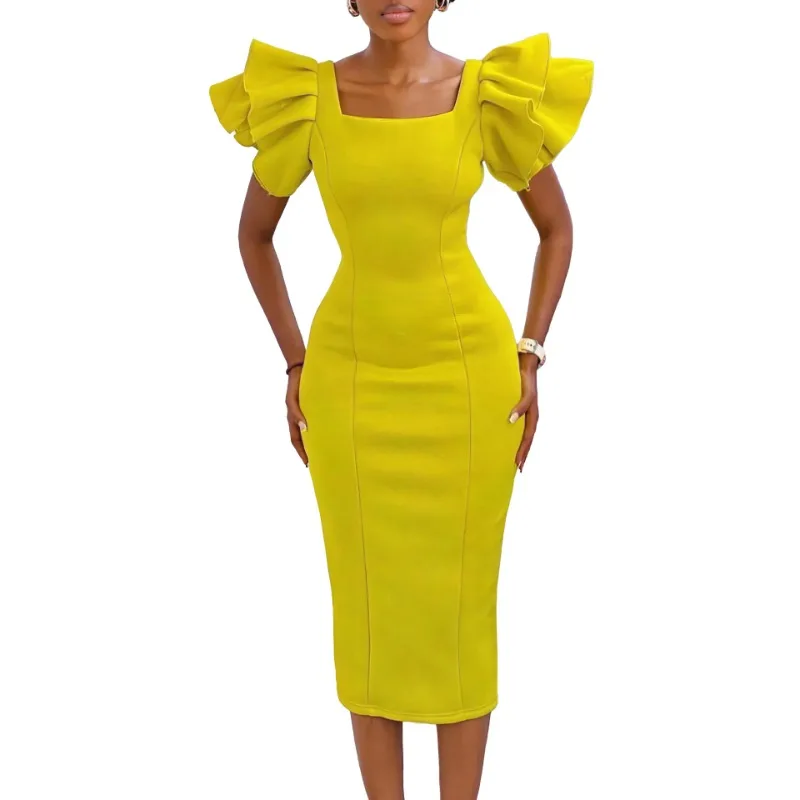 African Party Evening Dresses for Women Summer Elegant African Square Collar Short Sleeve Bodycon Dress Outfits Africa Clothing