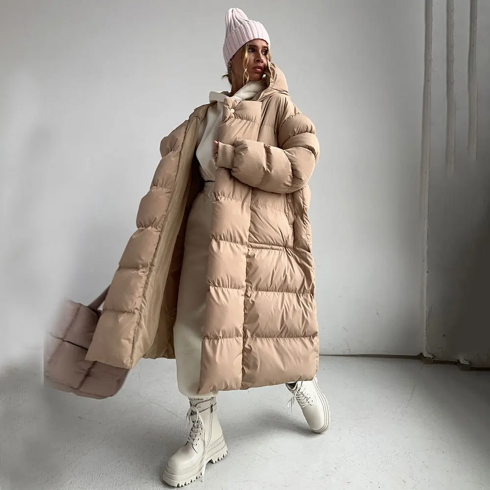 Long Women's Cotton-padded Jacket 2025 Winter Warm Thick Dark Button Long Hooded Cotton-padded Jacket Coat