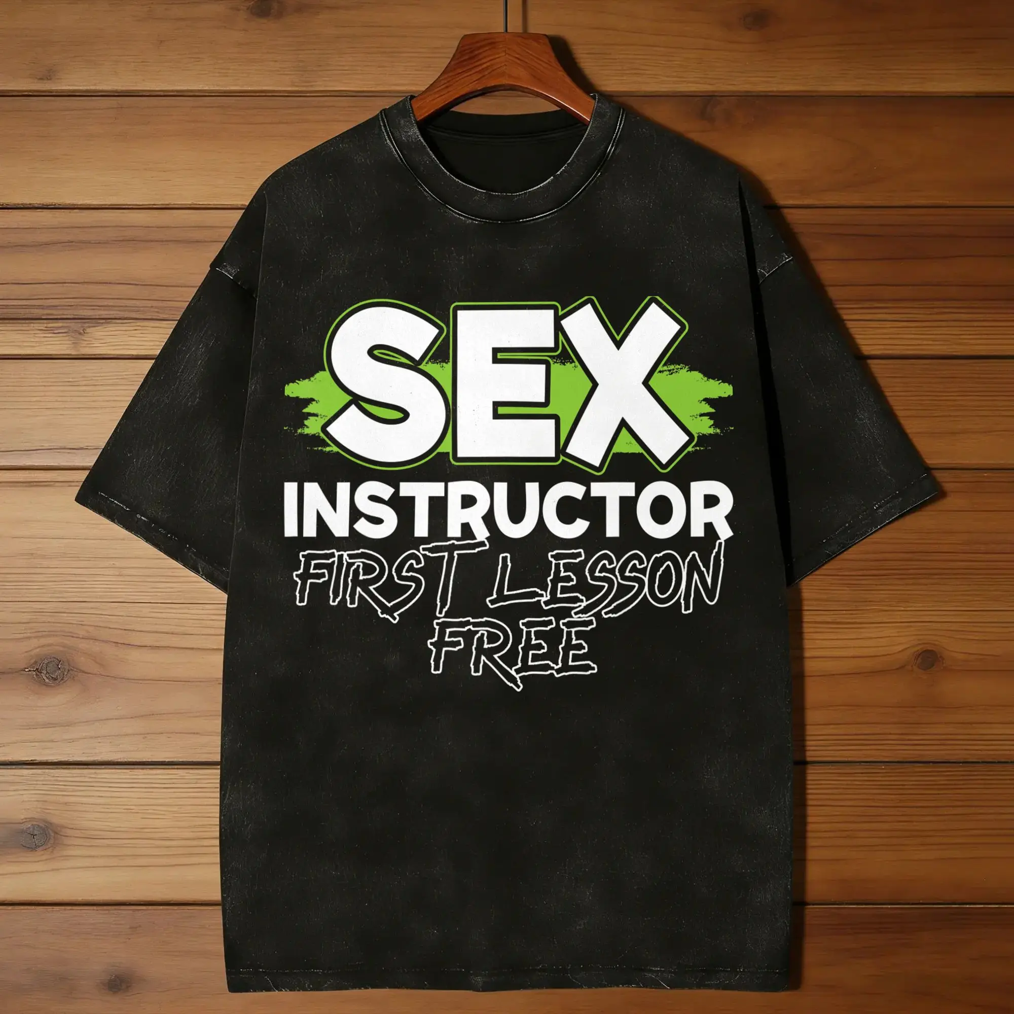 Sex Instructor First Lesson Free  Men T Shirts Washed  Novelty Tee Shirt Short Sleeve Round Collar T-Shirt Cotton Clothes