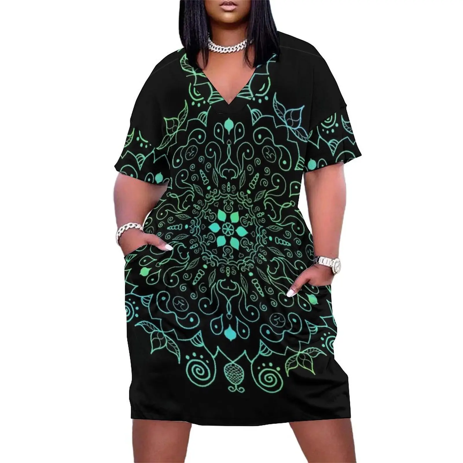 

Mandala Blue Green Loose Pocket Dress Evening gown dress summer dress