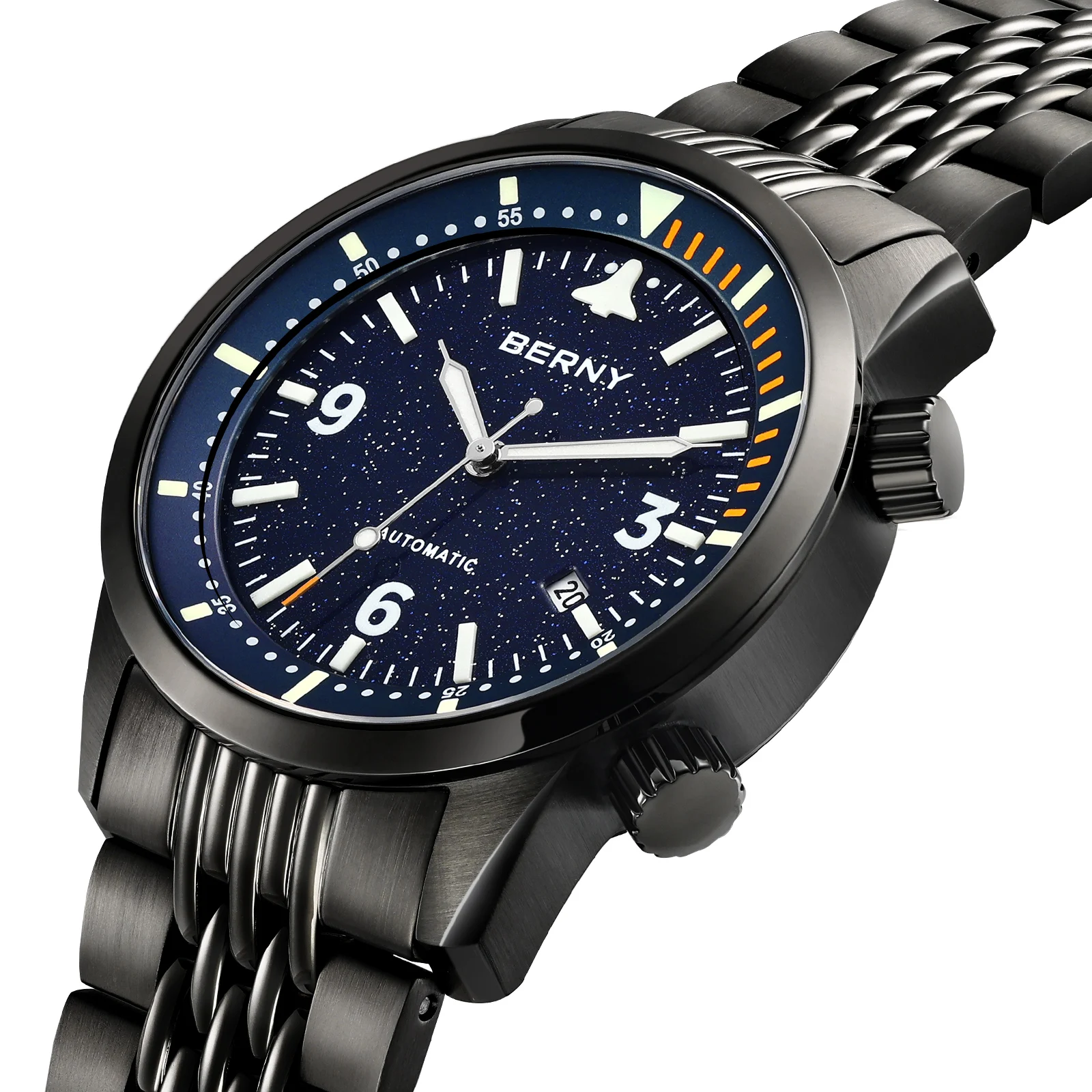 BERNY Automatic Men's Watches 20ATM Airline Sky Dial Top Luminous Sapphire AR Coated 316L Steel ST1612 Mechanical Men Wristwatch