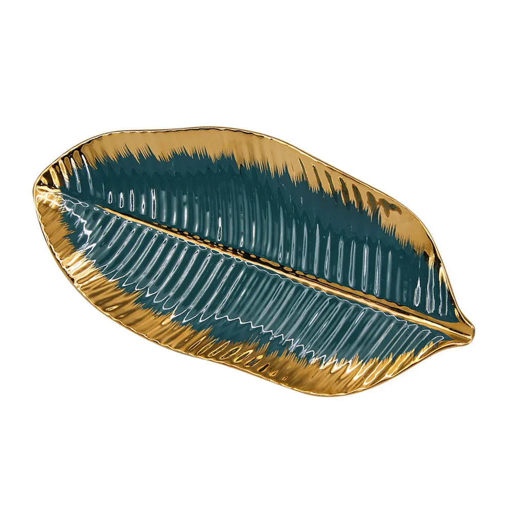 1Pcs Gold Edge Ceramic Leaf Shape Jewelry Tray Decorative Jewelry Storage Plate Delicate Design Fruits Tray Fruits Plate