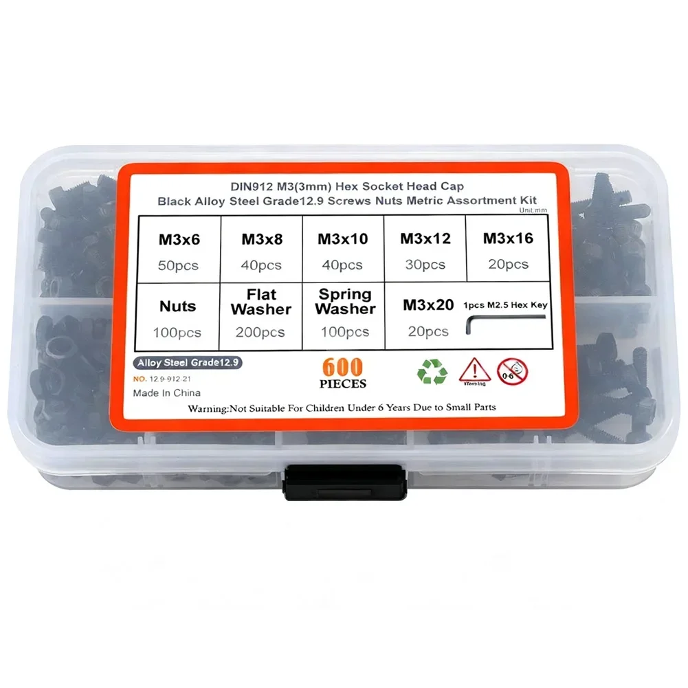 3mm*8 Screw Assortment Kit Hex Socket Carbon Steel Screws Grade 12.9 Fasteners Wide Application Use DIY Projects Kit