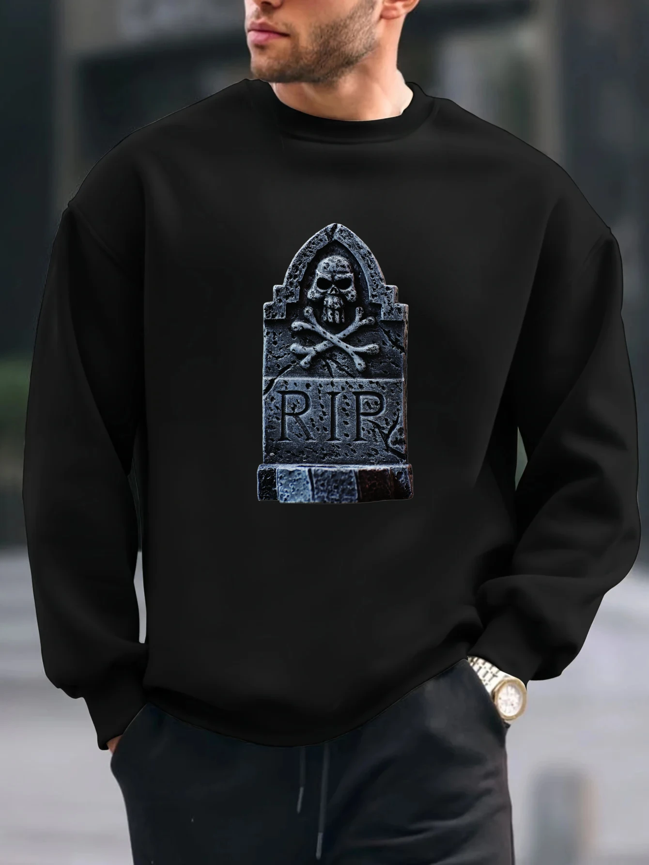 

2025 Мужская повседневная толстовка с длинными рукавами и принтом «Скелет, призрак, могила, весна и осень, удобная уличная одежда