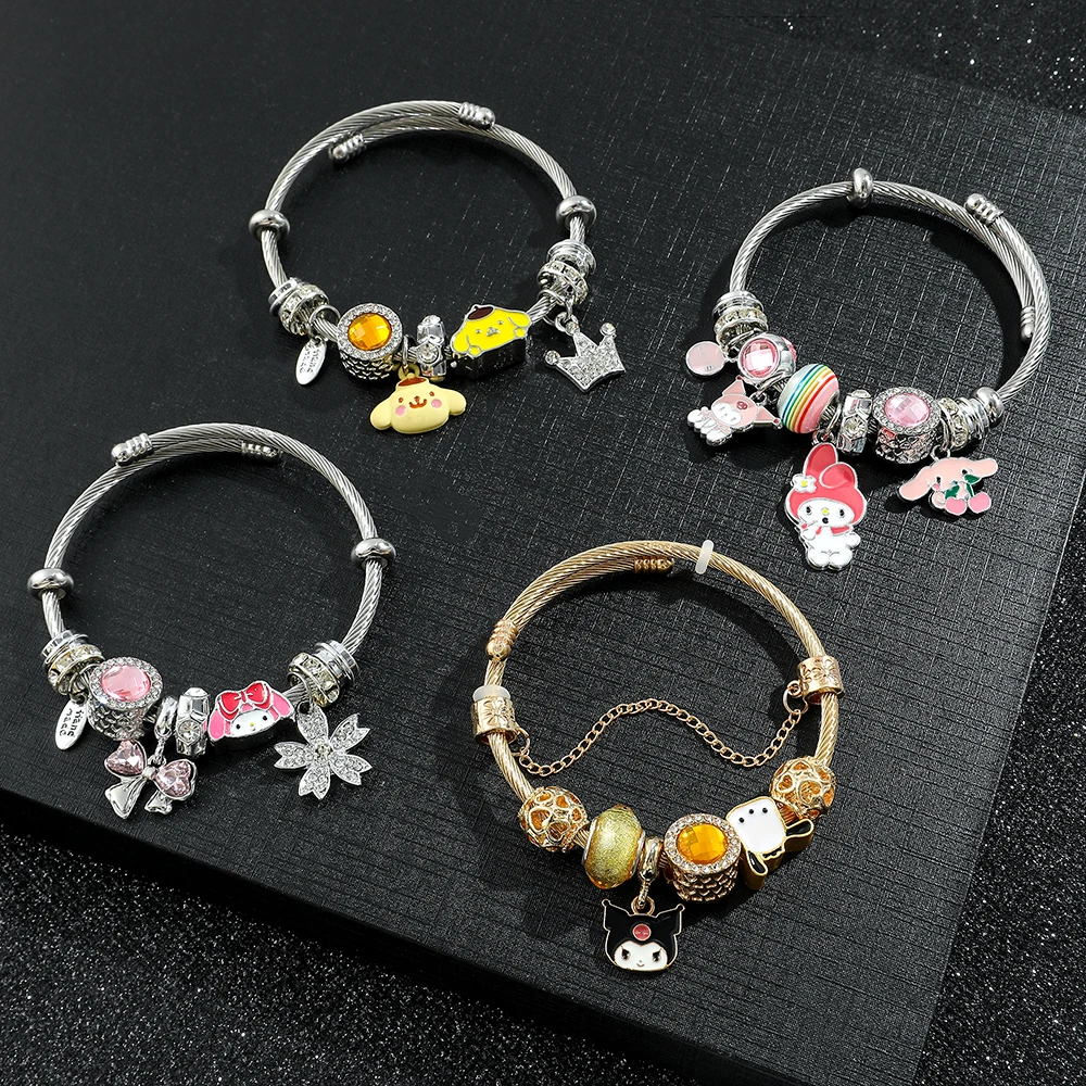 Cute Lovely Sanrio Melody Kuromi Pompompurin Diy Charms Beads Bracelets Adjustable Cuff Bangles Accessories Birthday Gifts