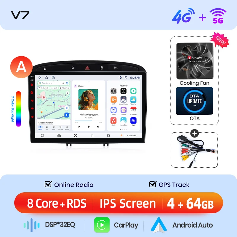 Junsun draadloze CarPlay Android Auto autoradio voor Peugeot 308 / 308 SW Mk1 (T7) / RCZ / 408 2007-2015 met ingebouwde koelventilator, Android GPS navigatie, multimediaspeler, WiFi, DSP, RDS, BT,