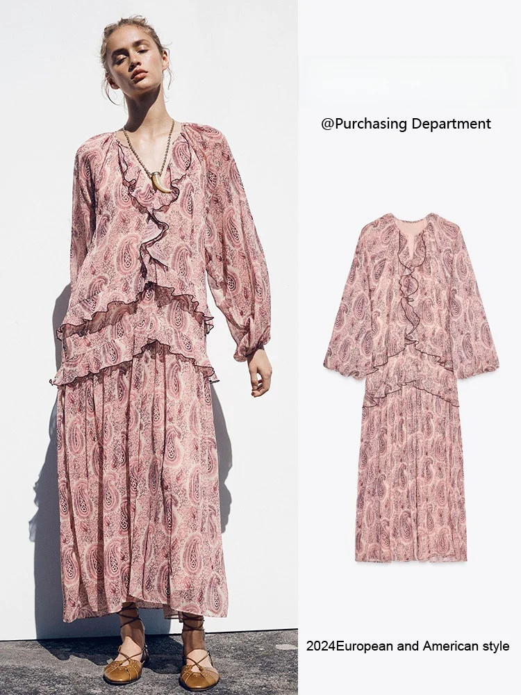 Nova Chegada de Primavera ZA2025 Vestido F E de Manga Longa com Estampa Estilo Decorativo em Camadas Material E...