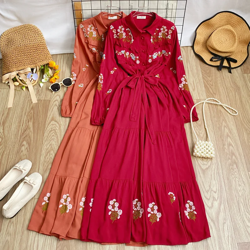 

Новое женское платье в стиле ретро с вышивкой, весна-лето, с поясом, приталенное, с пышной юбкой, длинное, с богатой вышивкой