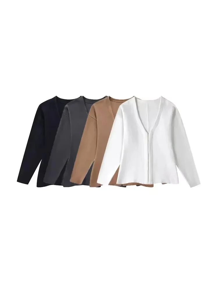 Damski sweter rozpinany z dzianiny, zapinany z przodu na haftki, dekolt w serek, długie rękawy, rozcięcie po bokach, odzież wierzchnia damska, eleganckie topy, moda