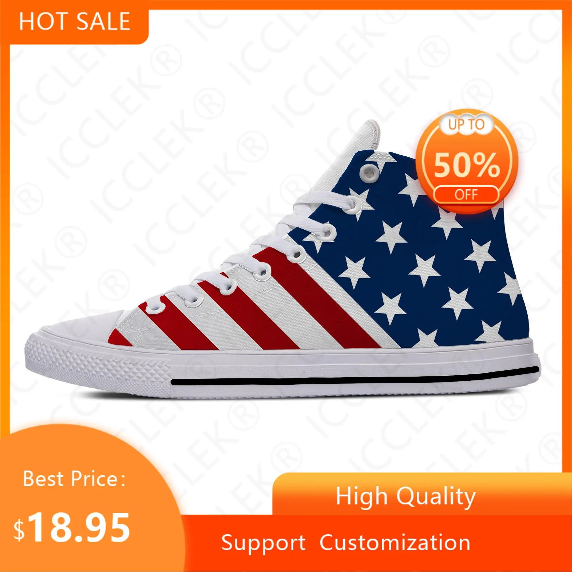 Hot USA American Flag Stars Patriotic Fashion Cool Breathable Casual Shoes High Top Lightweight Mens Womens Sneakers Board Shoe