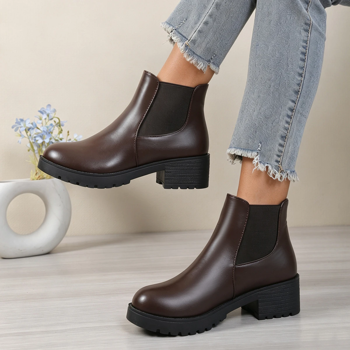 Women Shoes Must Have - Leather Ankle Boots with Thick Soles,
