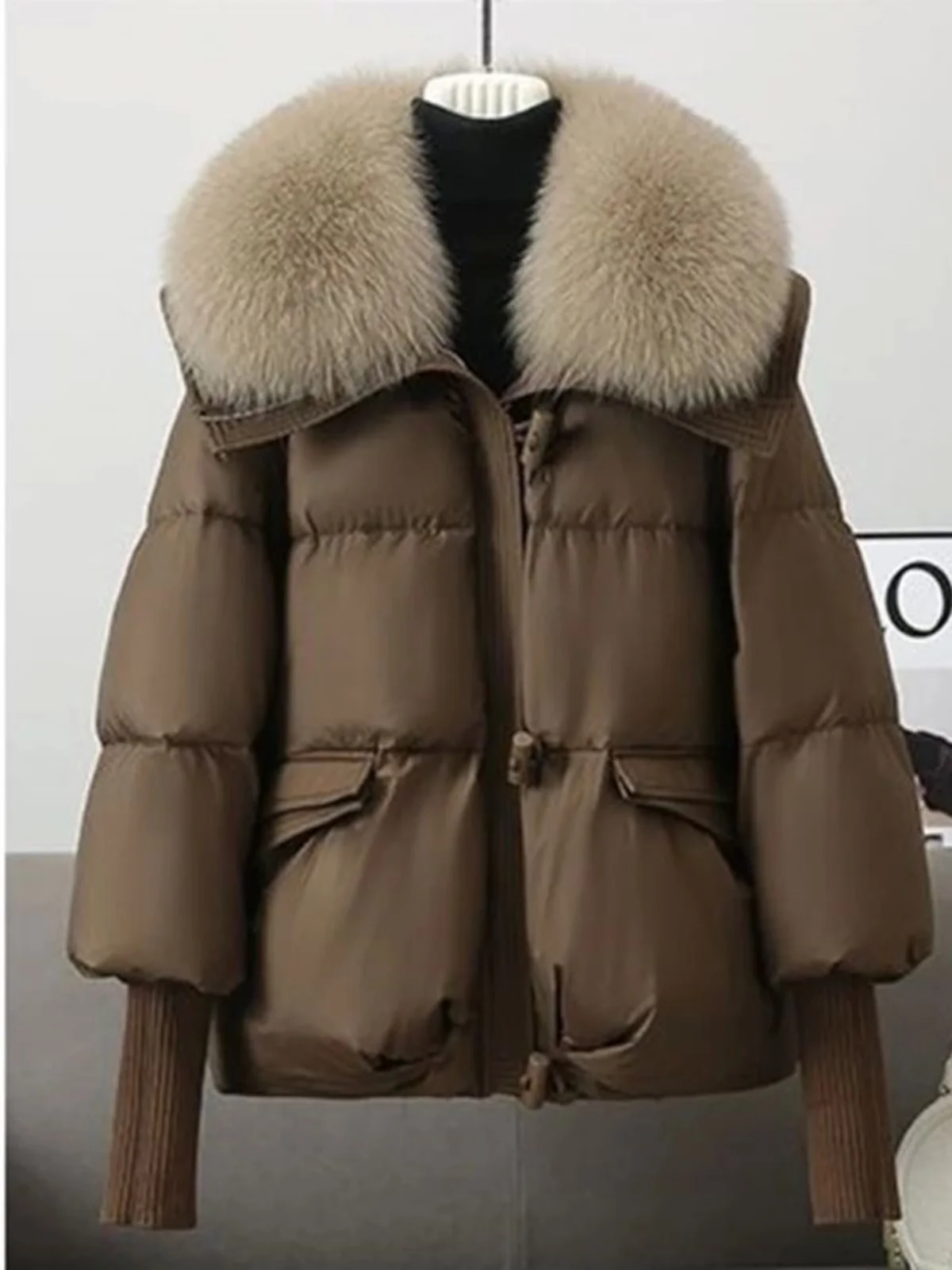 Street Sle Oversized ort Cotton Jaet with down Fill Big Fur Collar Hooded Thiened Spring Faion Ladies' Coat