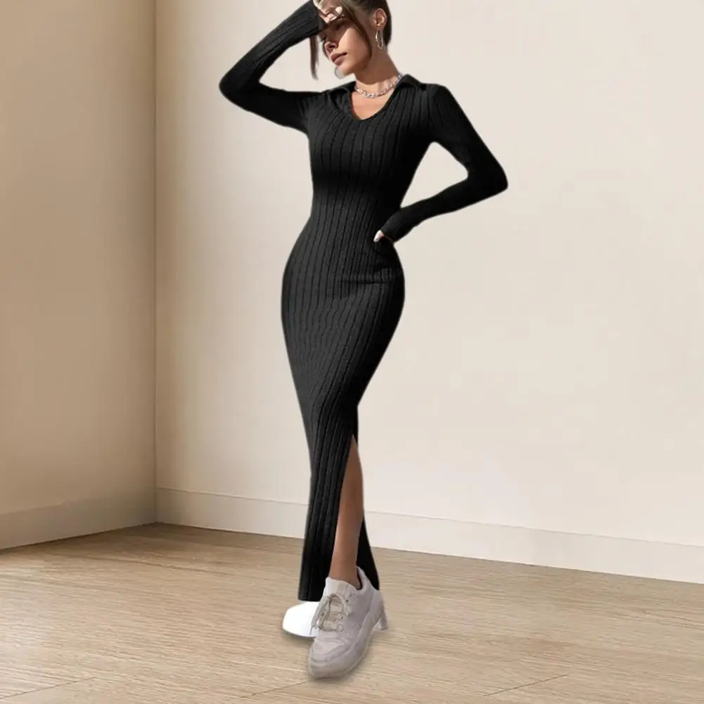 Women Spring Fall Dress V Neck Slit Hem Thread Slim Fit Long Sleeves Ankle Length Knitted Elastic Maxi Dress Shopping Dating Par