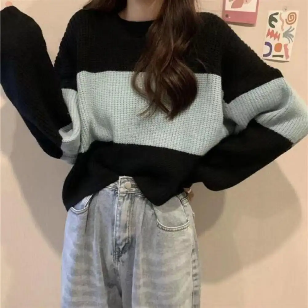 Herbst Winter Frauen Pullover Color block gestrickt lose elastische Rundhals ausschnitt Langarm Anti-Schrumpfen dicken warmen weichen Pullover