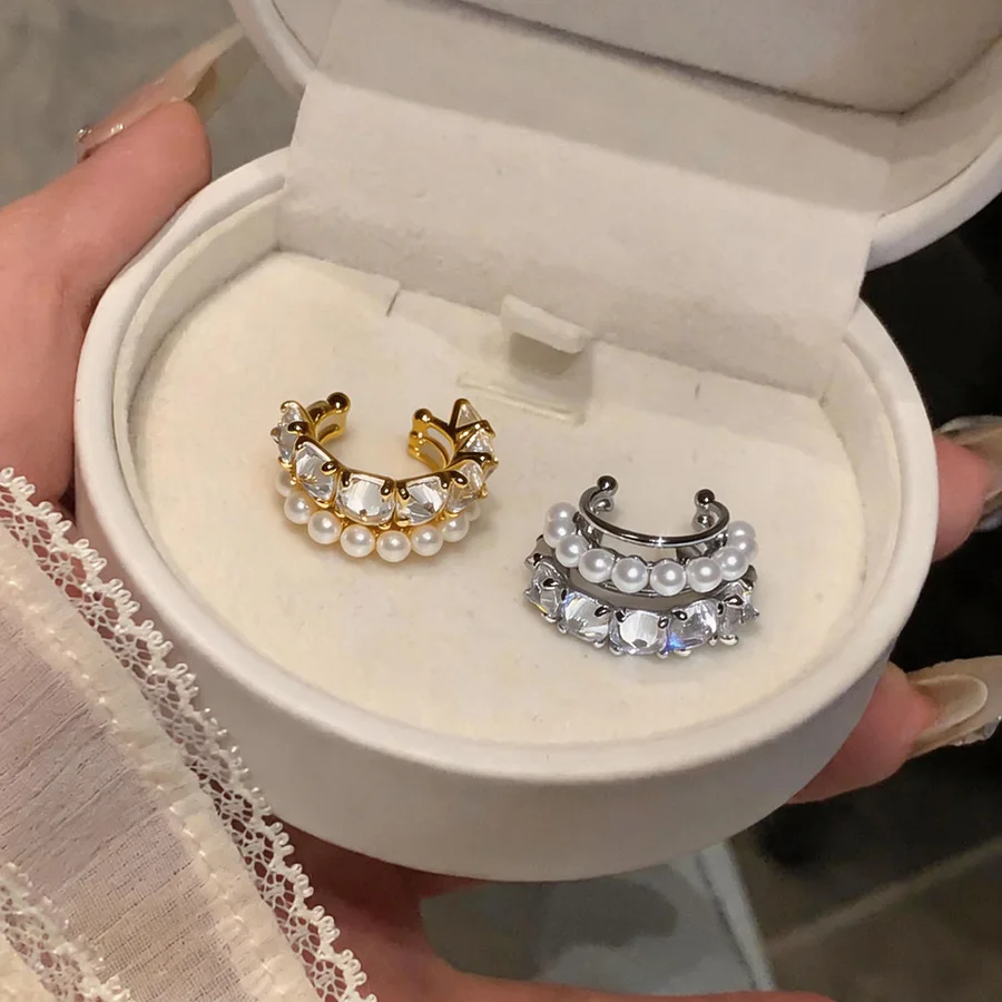 Multi-layer Imitation Pearl C-shaped Clip Earrings Non Pierced Zircon Ear Cuffs for Women Lady Ear Jewelry Daily Dating Party
