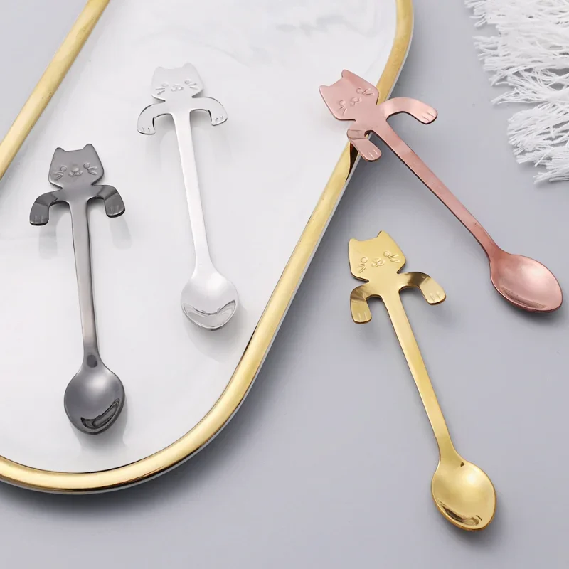 Creative Cute Cat Coffee Spoon Stainless Steel Teaspoon Dessert Snack Scoop Ice Cream Milk Children Spoons Kitchen Tools