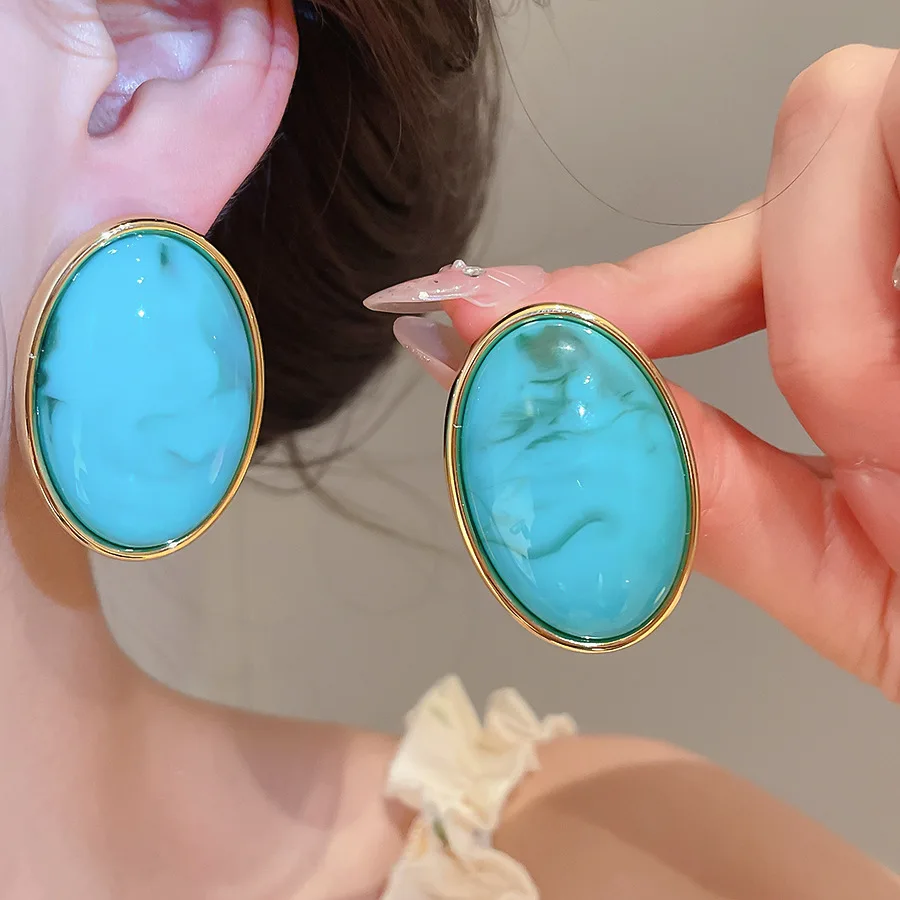 Multi-color Retro Large Acrylic Oval Stud Earrings for Women Smooth Irregular Resin Smudging Ear Studs Charms Jewelry