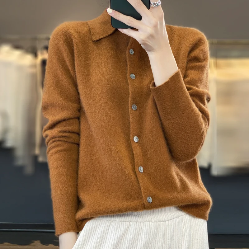 Women\'s Cardigan Autumn/Winter Solid  Knitwear Lapel Sweater Ladies Clothes Fashion Blouse Loose Single-breasted Tops Jacket