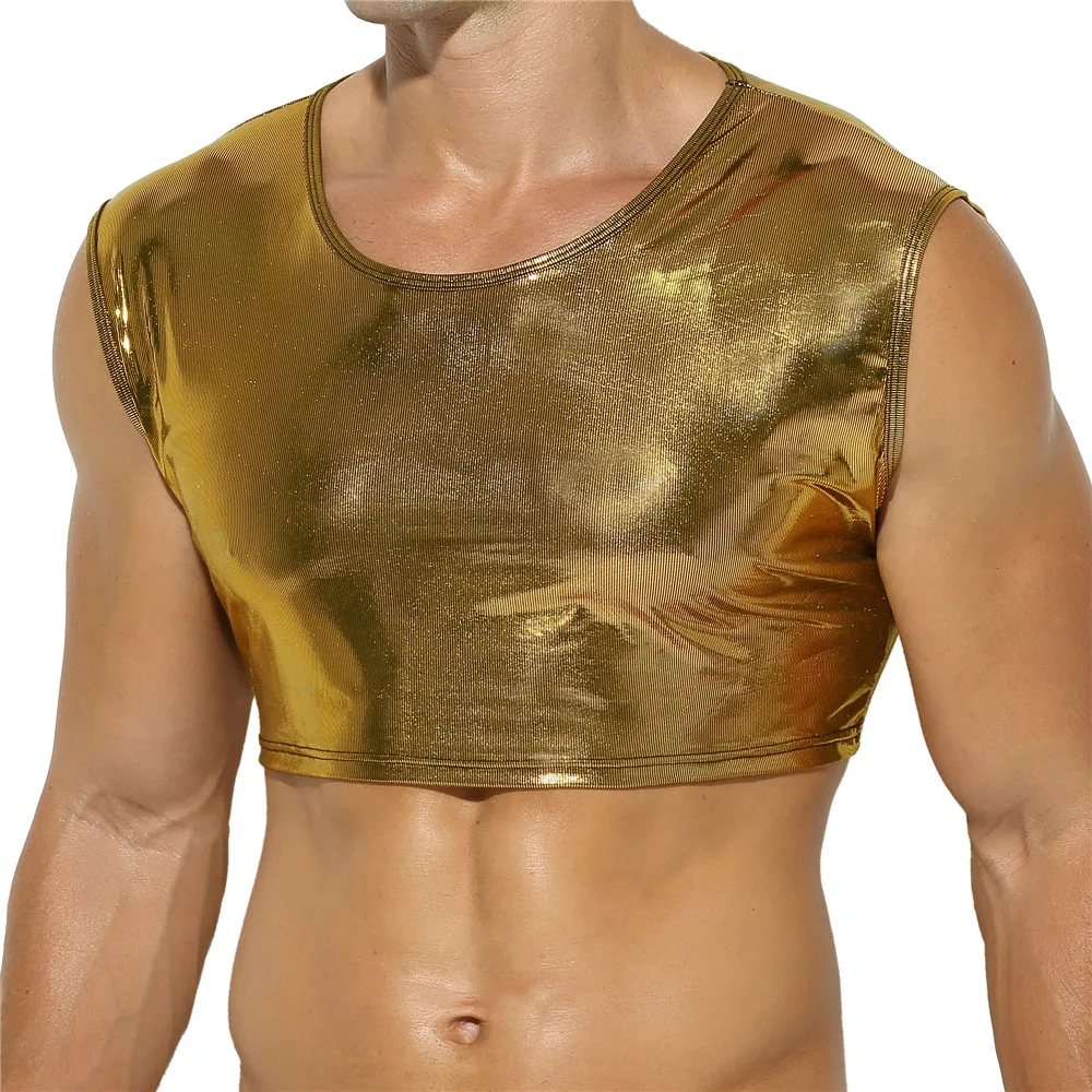 Sexy Shiny Mens Faux Leather Crop Tops Nightclub Stage Short Tank Tops Sexy Mini Vests Bodybuilding Party Clubwear Men's Clothes