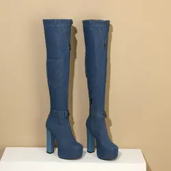 2024 stivali sopra il ginocchio da donna piattaforma stivali lunghi da donna con tacco alto quadrato stivali da donna con cerniera laterale in pelle PU Denim