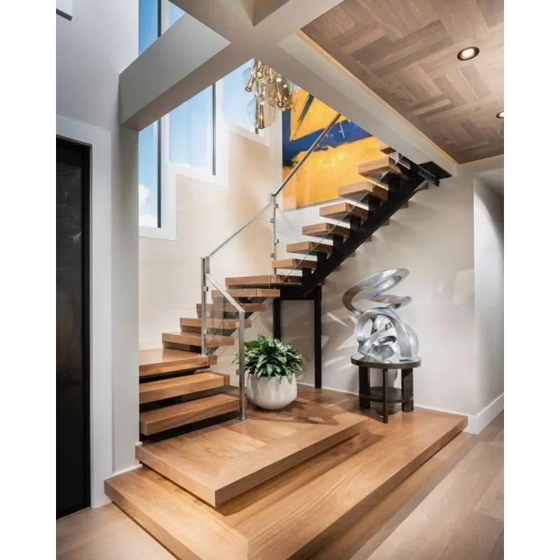 Customized Modern Mono Staircase with Landing and LED Light for Interior Residential