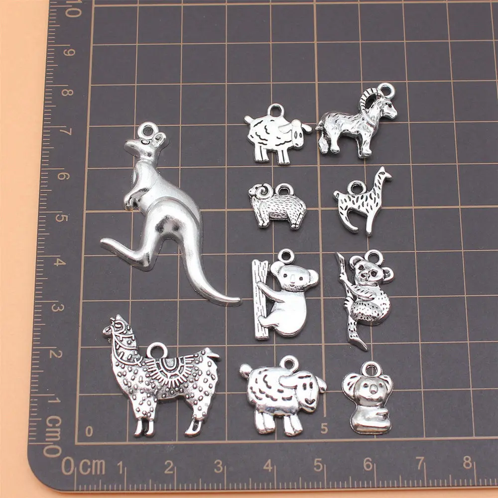 10pcs/lot Antique Silver Color Australian Animal Kangaroo Koala Alpaca Sheep Charms Collection For Jewelry Making Components