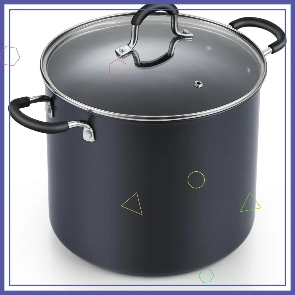 

10 Quart Nonstick Stockpot with Lid, Oven Safe Hard Anodized Soup Pot, Stay Cool Handles in Black