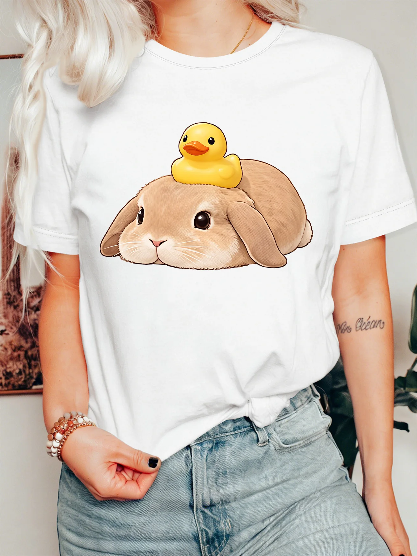 Women Crew Neck Tee Rabbit Rubber Duck Graphic Print Short Sleeve Loose Ladies Summer Soft Cotton Plus Size Casual Street Top