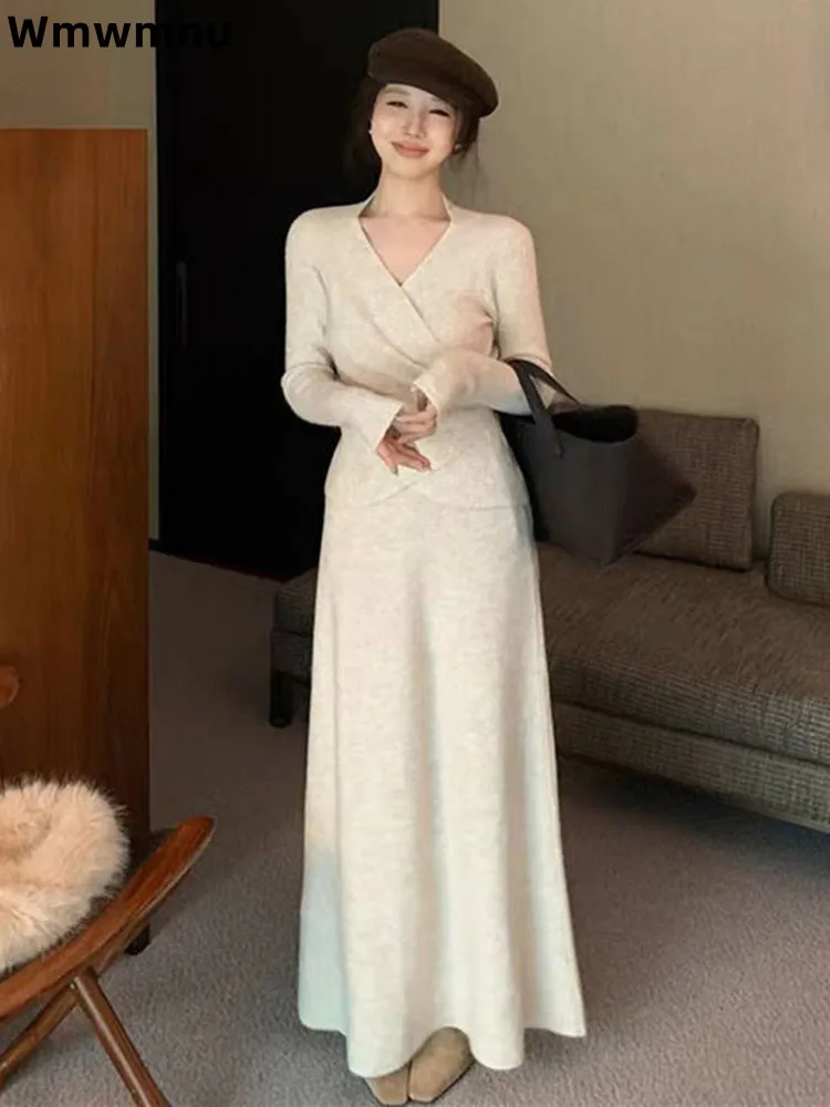 

Элегантный вязаный свитер на шнуровке с v-образным вырезом Conjuntos, женская повседневная полуюбка, комплект из 2 предметов, модный тонкий прямой ансамбль