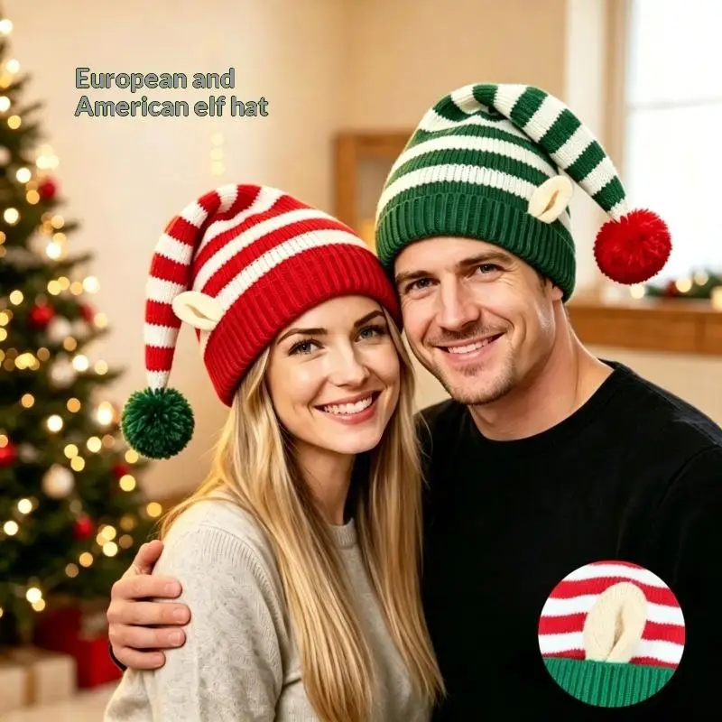 (Ce14)Knitted Christmas Elf Hat With Striped Pattern Cute Ears Soft Pom Pom For Holiday Parties Cosplay