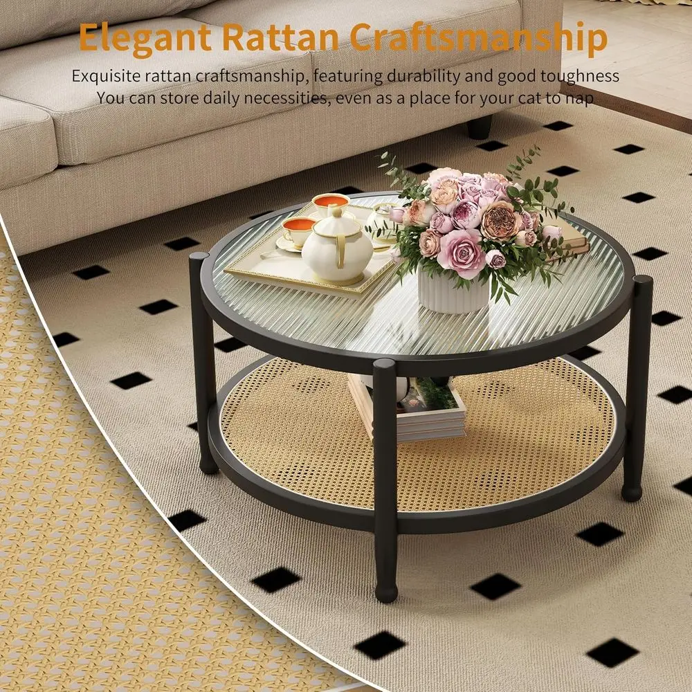 32 طاولة قهوة ريفية بوهو راتان مع سطح من الزجاج المقسى، لهجة تخزين من الخشب الصلب لغرفة المعيشة