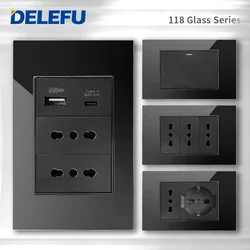 DELEFU Black Tempered Glass Italian Standard German-Italian Socket USB Type C Wall Socket Switch Satellite TV Phone CAT5 CAT6