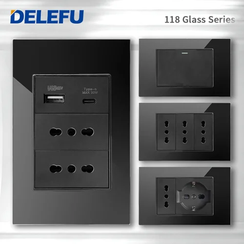 DELEFU vidrio templado negro Italia USB TypeC enchufe de pared de carga rápida Schuko Tuya Wifi interruptor inteligente Sat TV Tel timbre Chile
